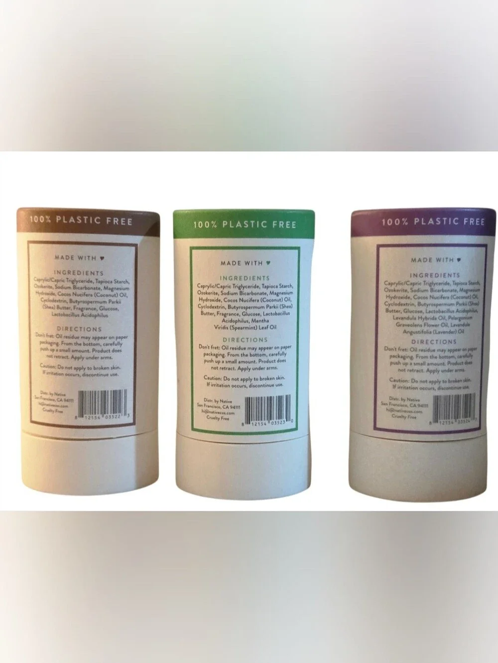 Native Plastic Free Deodorant Sticks 3pk New Vanilla& Coconut~Cucumber&Mint~Lave